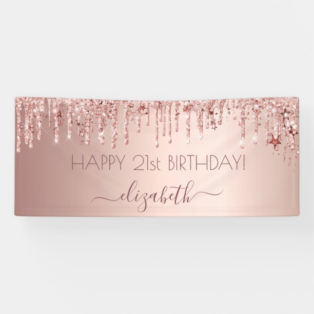 Lona Rosa de cumpleaños purpurina de oro gotea estrella (Horizontal)