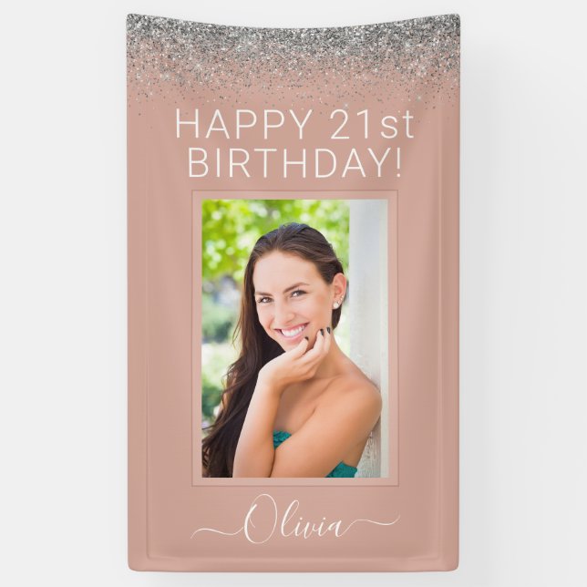 Lona Rosa de foto de cumpleaños Gold Rubor Purpurina de (Vertical)