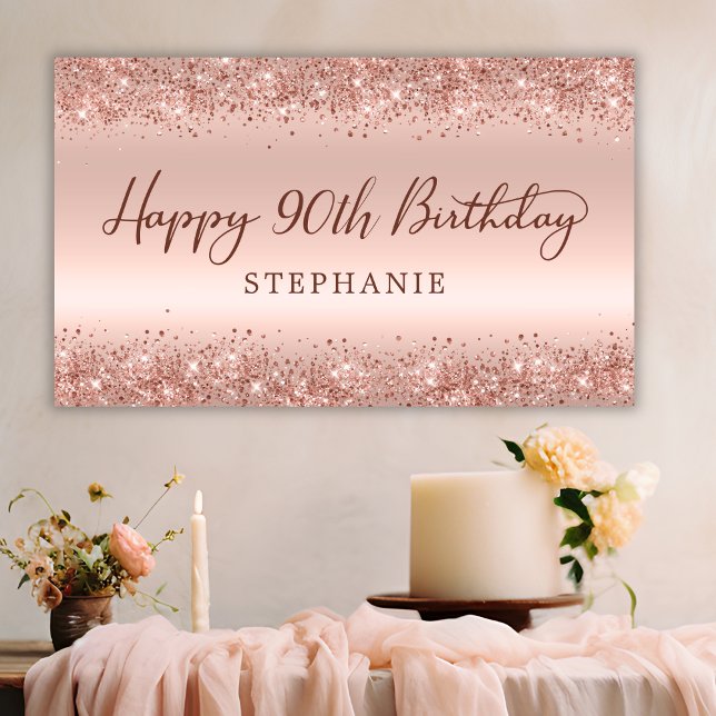 Lona Rosa de moda Purpurina de oro Feliz 90 aniversario (Subido por el creador)