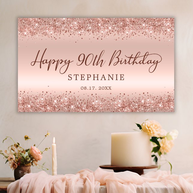 Lona Rosa de moda Purpurina de oro Feliz 90 aniversario (Subido por el creador)