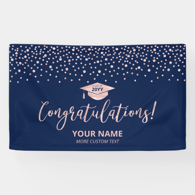 Lona Rosa De Oro Azul Confetti Felicitación Graduación (Horizontal)