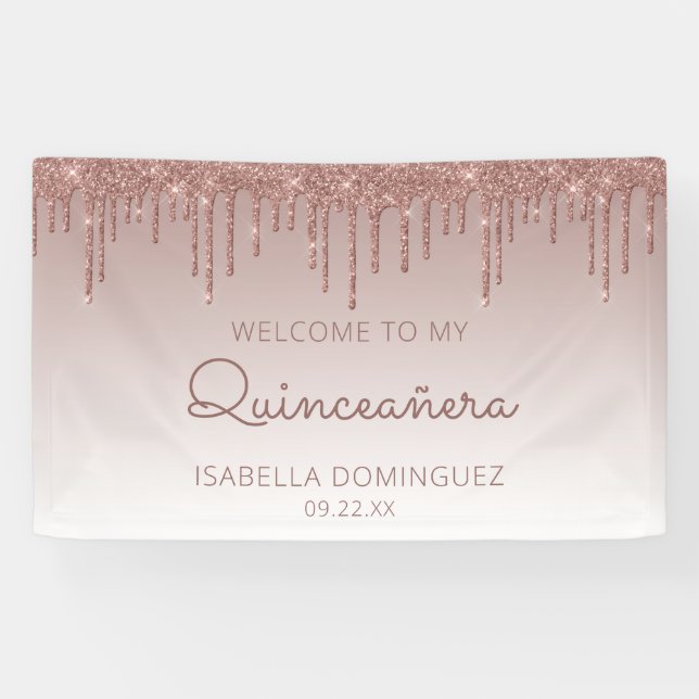 Lona Rosa Glam Purpurina Gold Drip Quinceañera (Horizontal)