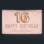 Lona Rosa Gold Pink Happy 16th Birthday<br><div class="desc">Purpurina,  fondo rosa milenario,  con tipografía de nombre de guión sofisticado. Faux rosa oro 16 globo texto. Genial para las celebraciones del 16°.</div>