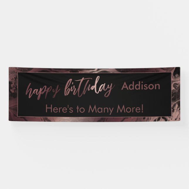 Lona Rosa moderno oro y marbón negro feliz cumpleaños (Horizontal)