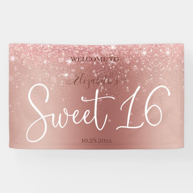 Lona Rosa moderno Purpurina de oro Sparkling Sweet 16 (Horizontal)