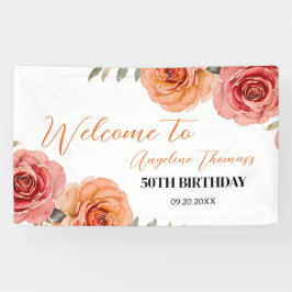 Lona Rosa Naranja Rojo bonito Bienvenida Floral Cumplea