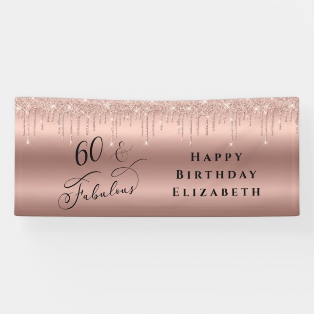 Lona Rosa purpurina Oro Fiesta de Cumpleaños 60 (Horizontal)