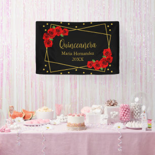 Lona Rosa Roja Negro y Quinceañera de oro