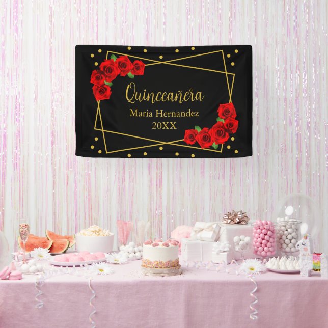 Lona Rosa Roja Negro y Quinceañera de oro (Fiesta)
