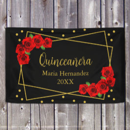Lona Rosa Roja Quinceañera Negra y Dorada
