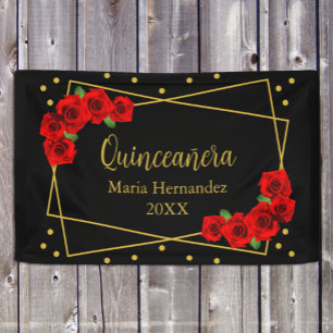 Lona Rosa Roja Quinceañera Negra y Dorada