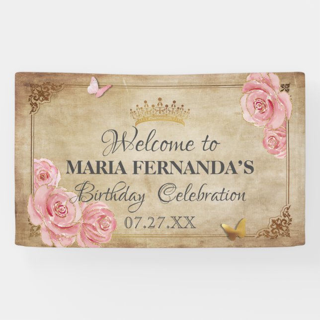 Lona Rosa Rubor Mariposa rosa Crown Gold Quinceanera (Horizontal)