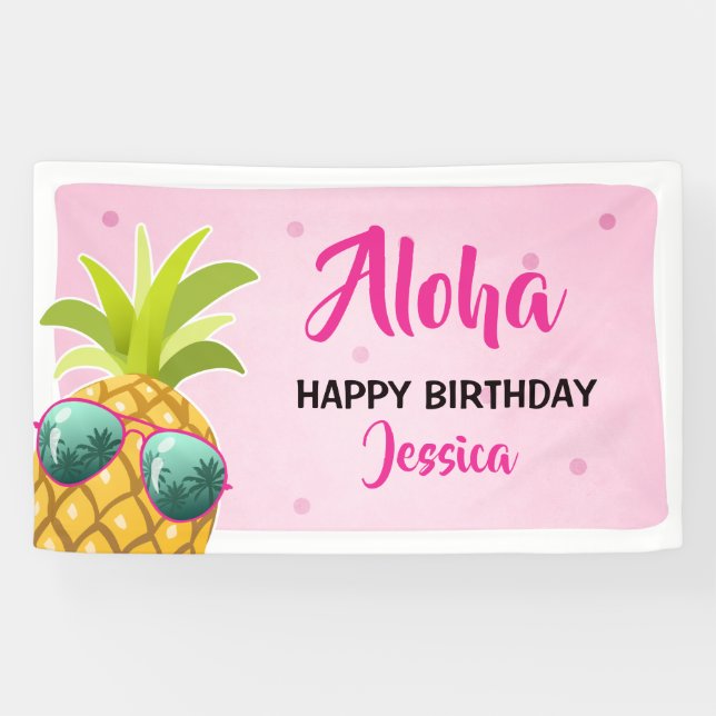 Lona Rosa tropical de Luau de la bandera del cumpleaños (Horizontal)