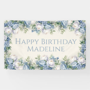 Lona Rosas blancas azul polvoriento Feliz Cumpleaños