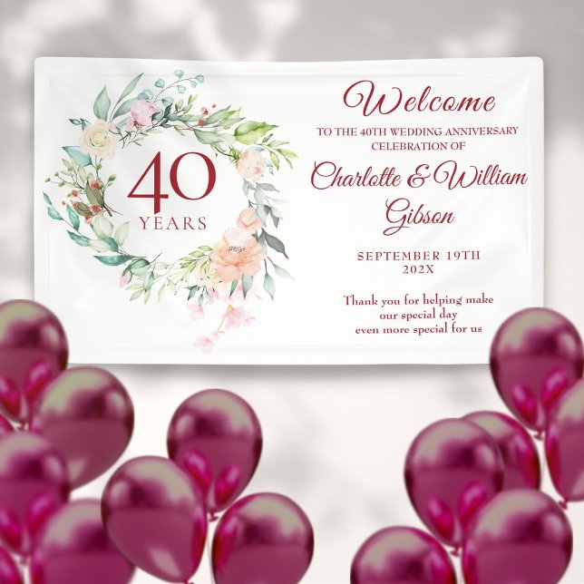 Lona Rosas de aniversario de bodas de rubí 40º de bienv (40th Wedding Ruby Anniversary Roses Floral Welcome Banner)