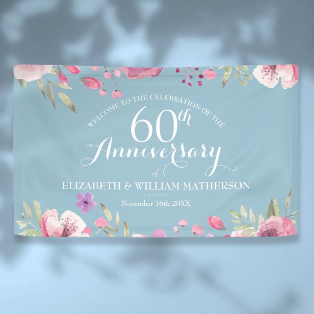 Lona Rosas de aniversario de bodas número 60 Bienvenida (60th Wedding Anniversary Roses Floral Welcome Banner)