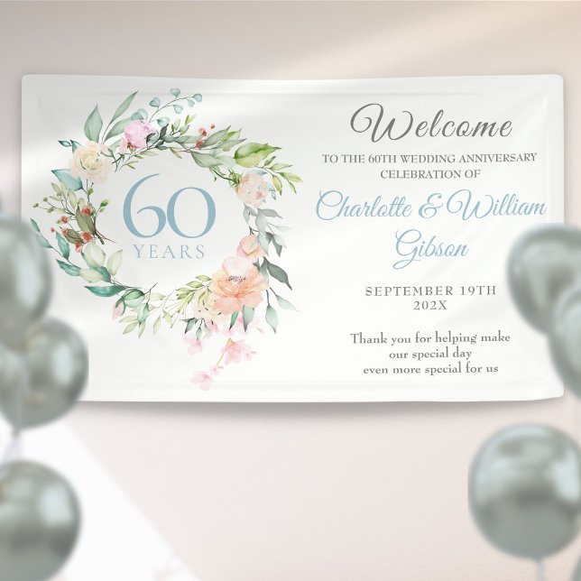 Lona Rosas de Bodas de Diamante de 60 años Bienvenidos (60th Diamond Wedding Anniversary Roses Welcome Banner)