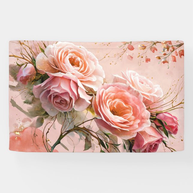 Lona Rosas de flores rosadas acuarela Mural de arte Imp (Horizontal)