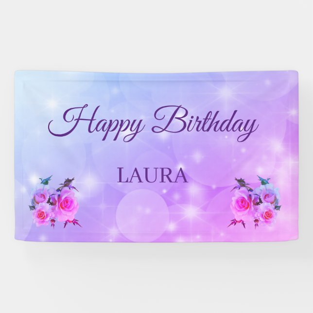 Lona Rosas moradas y rosas personalizadas Feliz cumplea (Horizontal)