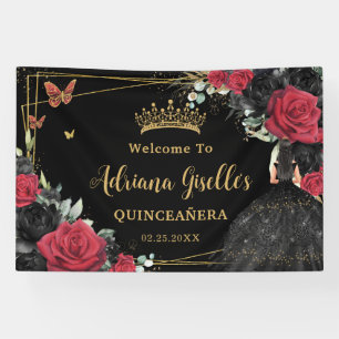 Lona Rosas negros rojos Mariposas Florales Quinceañera