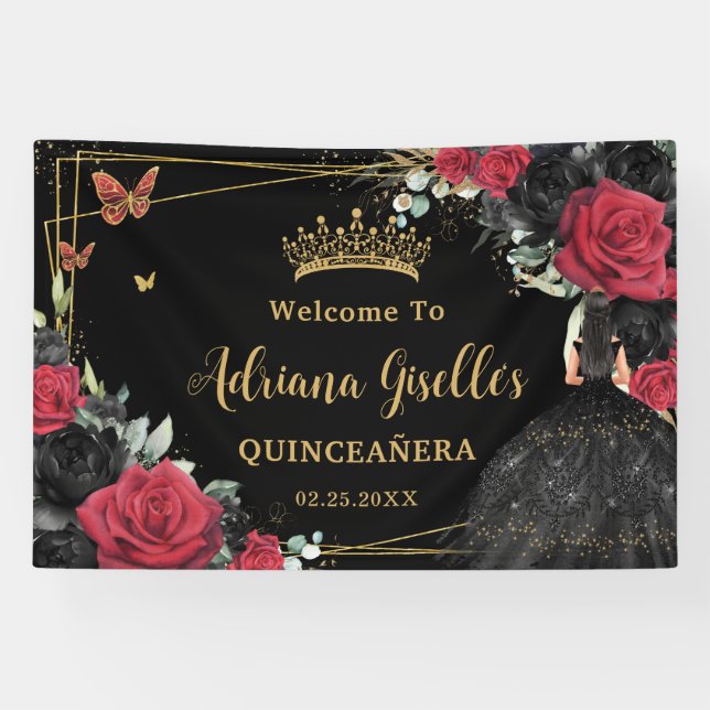 Lona Rosas negros rojos Mariposas Florales Quinceañera  (Horizontal)
