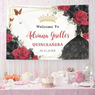 Lona Rosas negros rojos Mariposas Florales Quinceañera