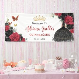 Lona Rosas negros rojos Mariposas Florales Quinceañera