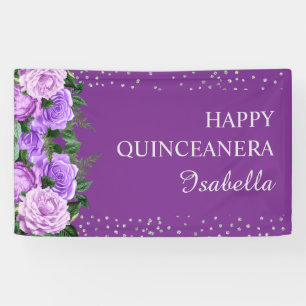 Lona Rosas Purpúreas Brillo Floral Feliz Quinceañera