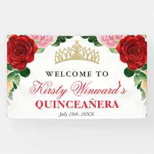 Lona Rosas Rojas Acuarela Bienvenida Quinceañera