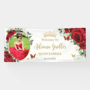 Lona Rosas Rojas Floral Oro Quinceañera Telón de Fondo 