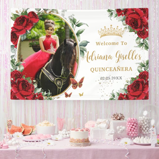 Lona Rosas Rojas Mariposas Florales Quinceañera Foto (Fiesta)