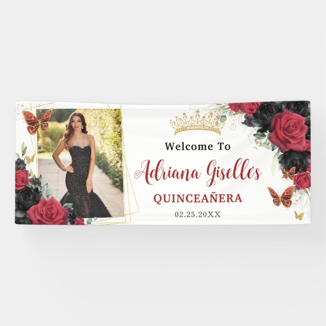 Lona Rosas rojos negros Floral Quinceañera Sweet 16 Fot (Horizontal)