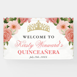 Lona Rosas rosadas en acuarela Bienvenida Quinceañera