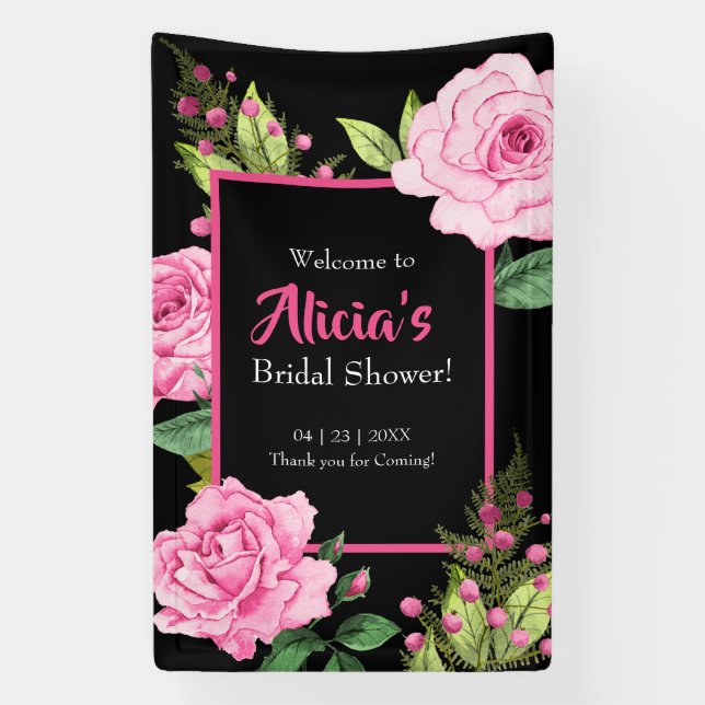 Lona Rosas rosadas sobre ducha de novia vertical negra (Vertical)