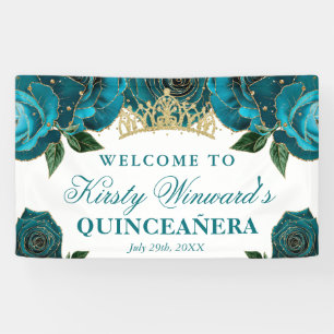 Lona Rosas turquesa y doradas para Quinceañera en acuar