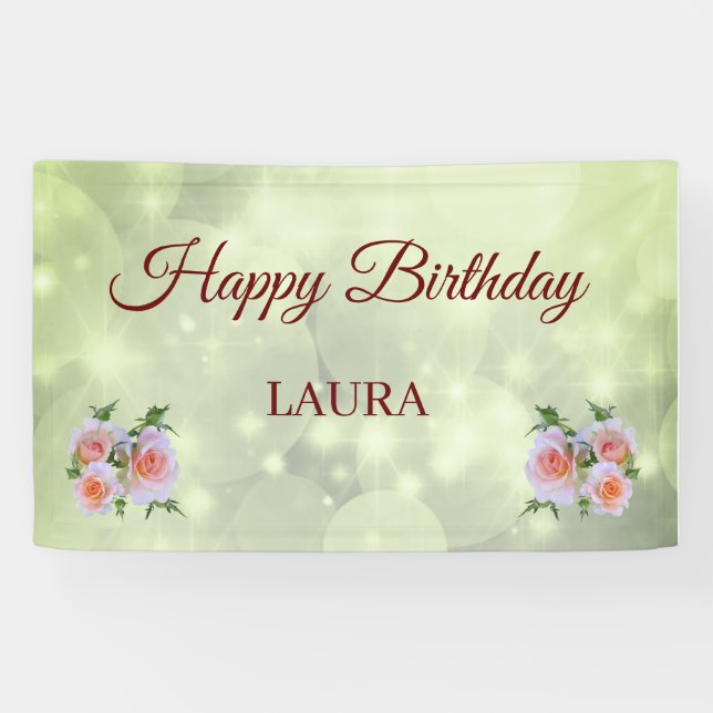 Lona Rosas verdes y rosas personalizadas Feliz cumpleañ (Horizontal)