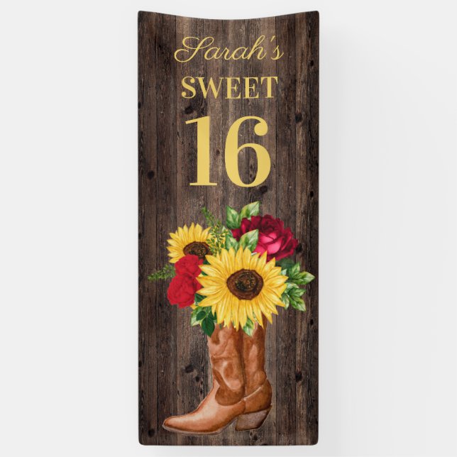 Lona Roses Rojas girasoles Cowboy Boots Sweet 16 Banner (Vertical)