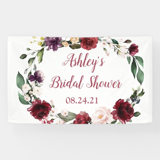 Lona Rótulo Bridal Shower Banner Fabric Maroon Floral (Horizontal)