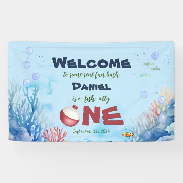 Lona Rótulo de carteles de cumpleaños 1 pesca aliada a  (Horizontal)