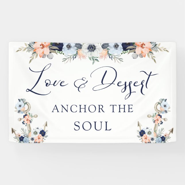 Lona Rótulo de mesa de postre de ancla floral Boda náut (Horizontal)