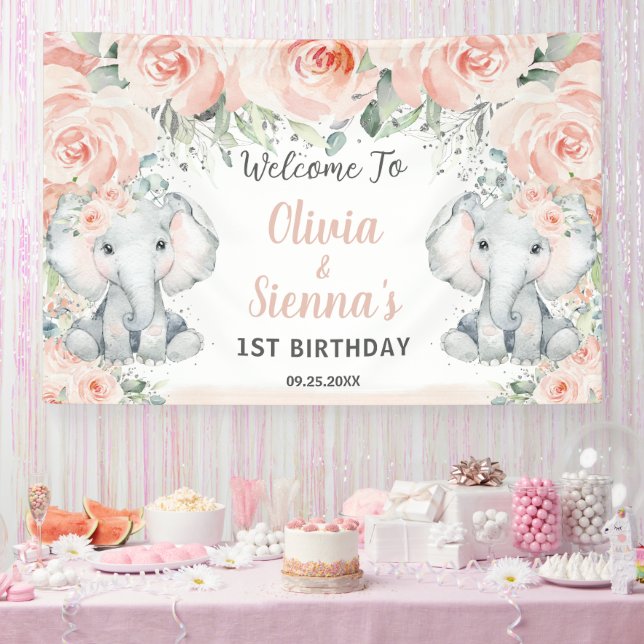 Lona Rubor Floral Cute Elephant Twins fondo de cumpleañ (Fiesta)