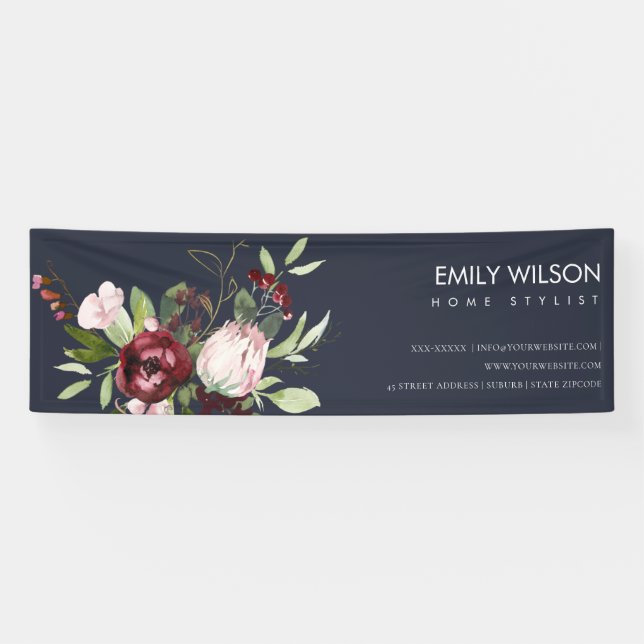 LONA RUBOR NAVY BURGUNDY PROTEA FLORAL BUSINESS BANNER (Horizontal)