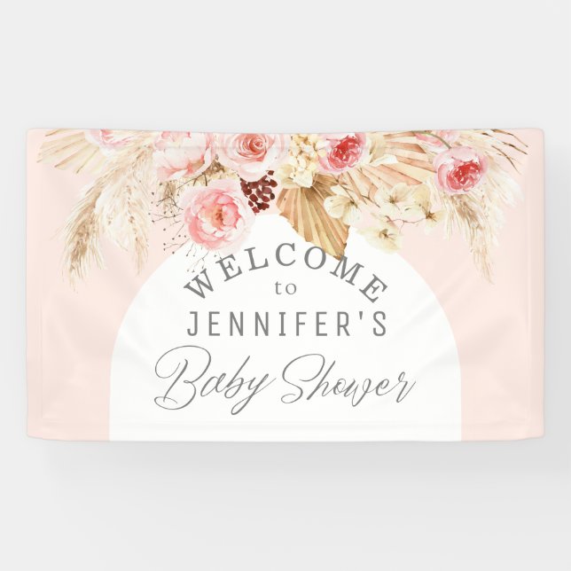 Lona Rubor rosa Boho Arch Floral Pampas Baby Shower (Horizontal)