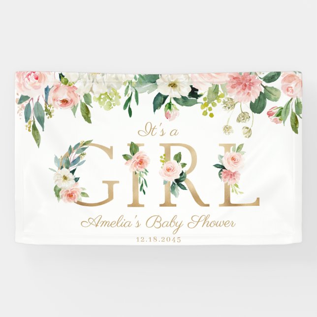 Lona Rubor & White Flowers Gold Es un Baby Shower Chica (Horizontal)
