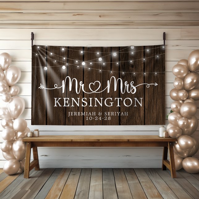 Lona Rustic Mr Mrs Heart String ilumina a Boda de mader (Rustic Mr Mrs Heart String Lights Wood Wedding Banner)