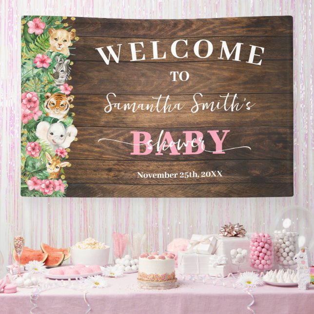 Lona Rustic Pink Wild Safari Welcome Baby Shower Banner (Fiesta)