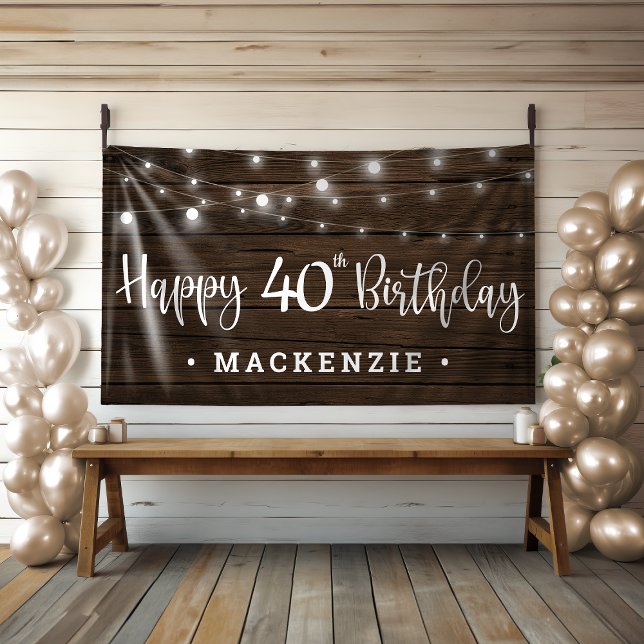 Lona Rustic String ilumina el cumpleaños 40 de la mader (Rustic String Lights on Wood 40th Birthday Banner)