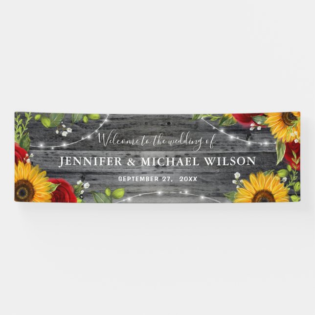 Lona Rustic Wood Sunflower Red Rose Welcome Wedding (Horizontal)