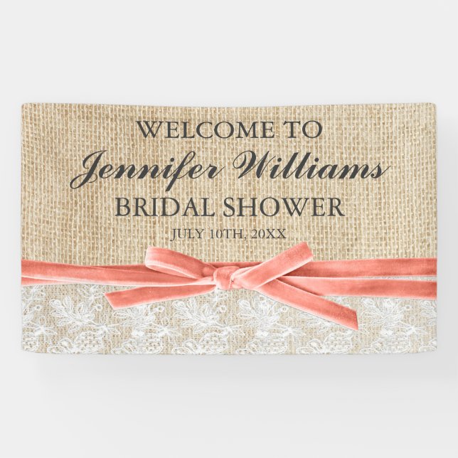 Lona Rústica Burlap Lace Coral Ribbon Ducha de Novias (Horizontal)