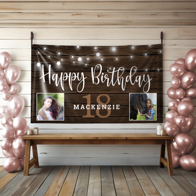 Lona Rústica cuerda ilumina madera 18 cumpleaños foto (Rustic String Lights Wood  Birthday Photo Banner)